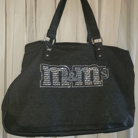 M&M NWT 2016 Black Denim Tote Bag with M&M in Shiney Studs Faux Leather Handle - Picture 9 of 9